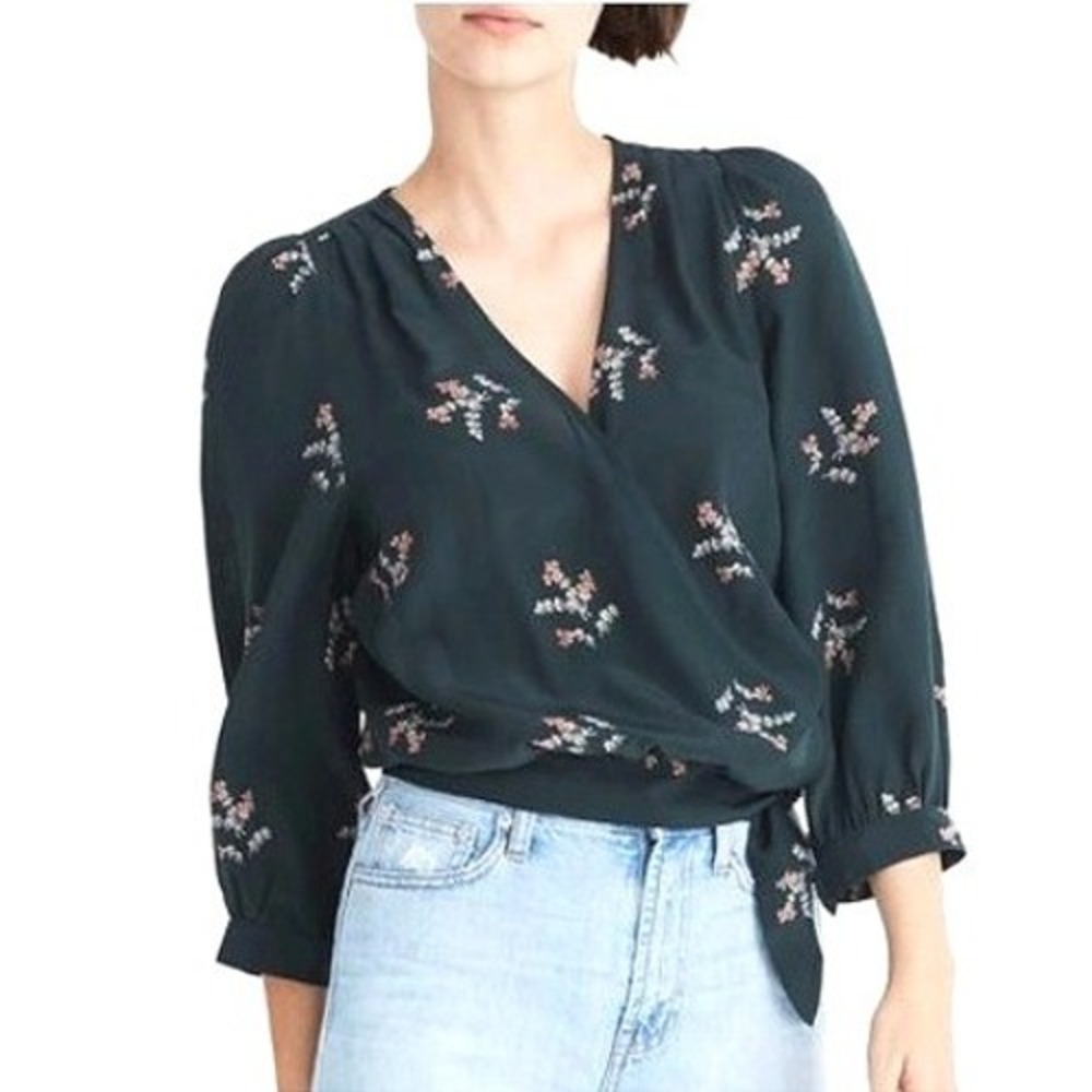 Madewell Dark Green Silk Poppy Wildflower Wrap Cropped Fairy Boho Tie Blouse XL